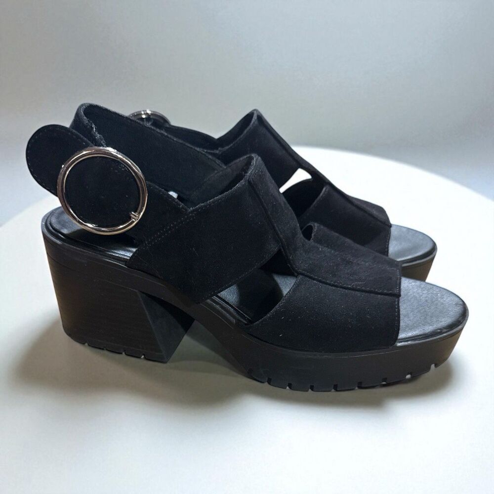 Women's Black Suede Platform Sandals with Buckle Accent